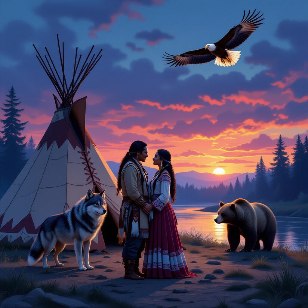 Native American Couple and Wolf at Dusk, Fantasy Matte Paint...