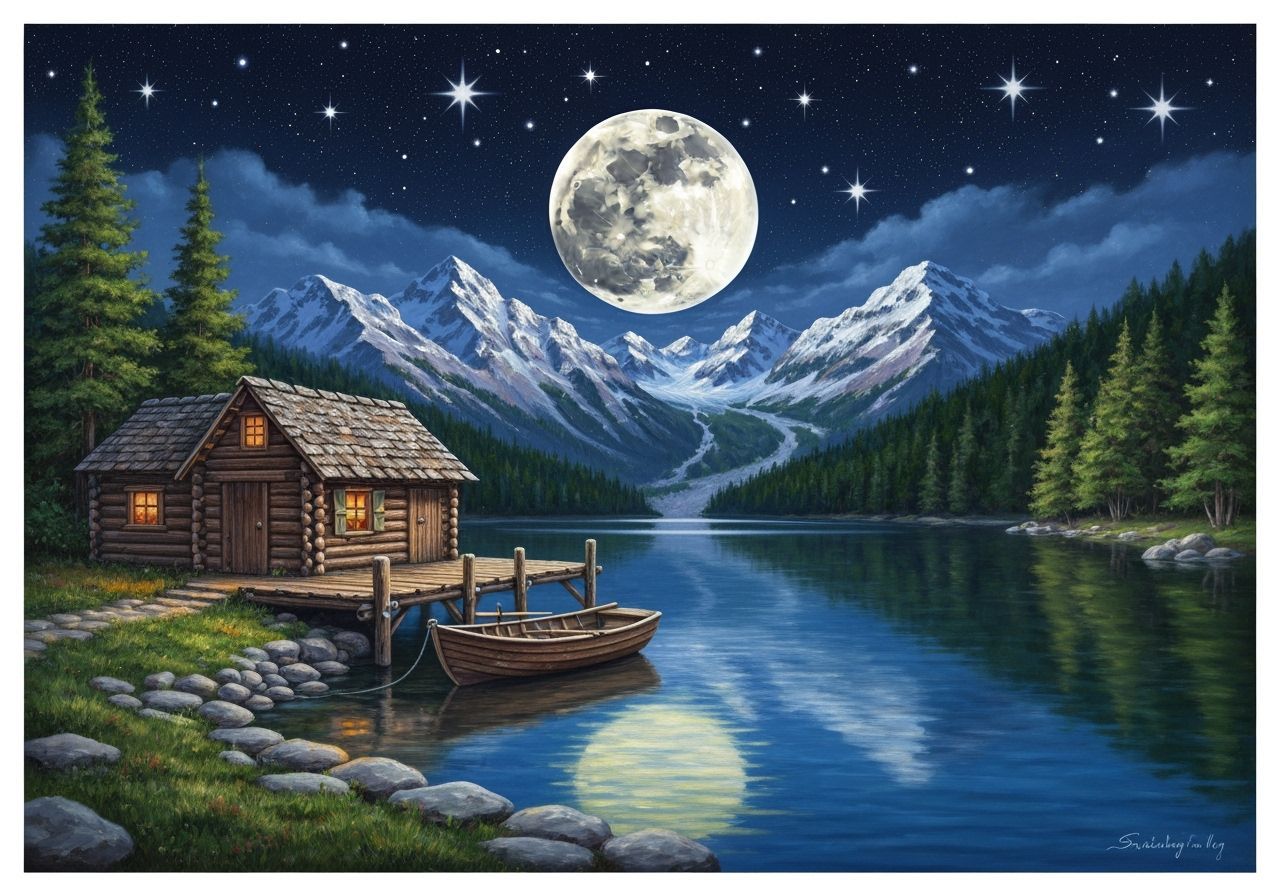 Mountain Lake Cabin at Moonlit Night