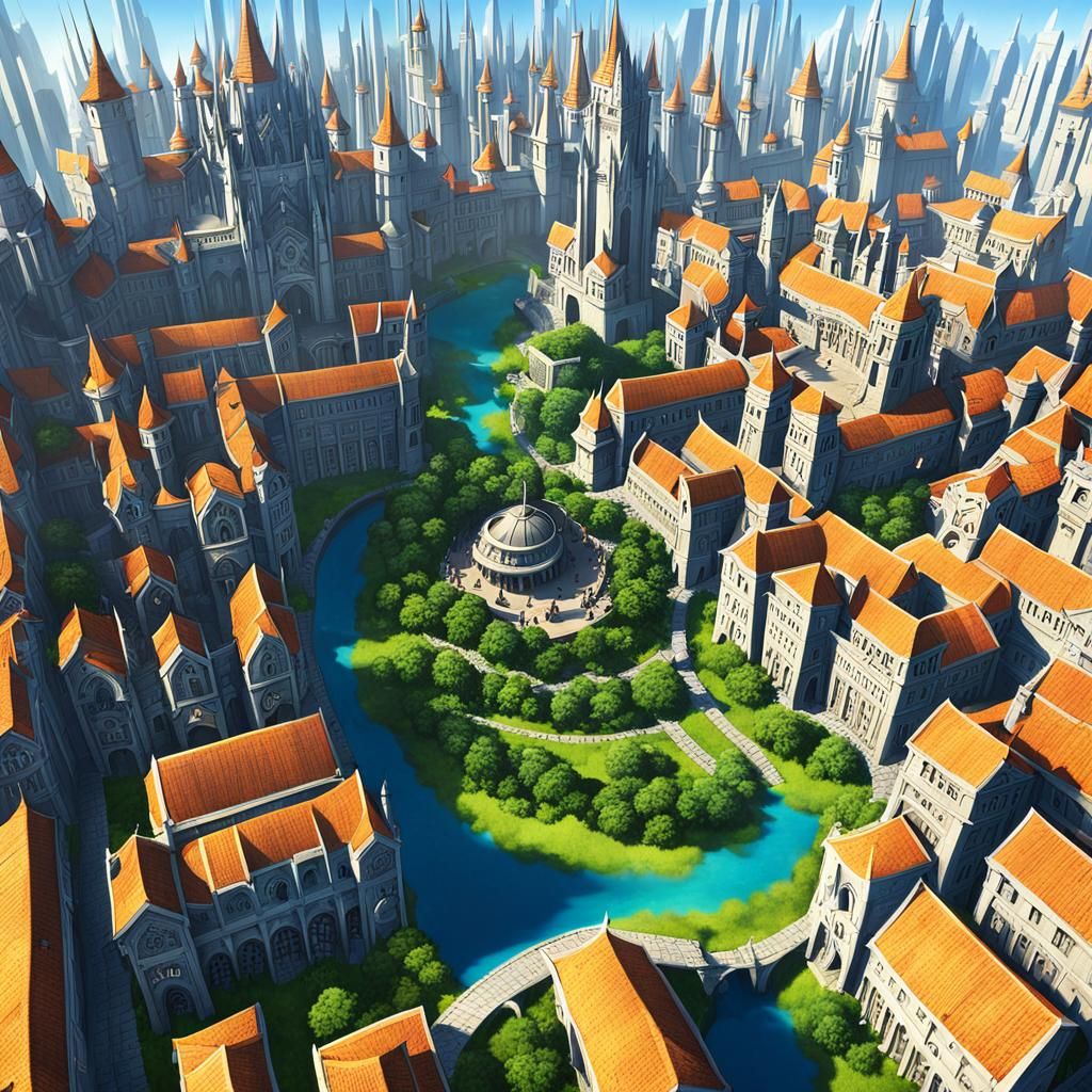 Fantasy Cityscape with Humans, Elves, and Dwarves