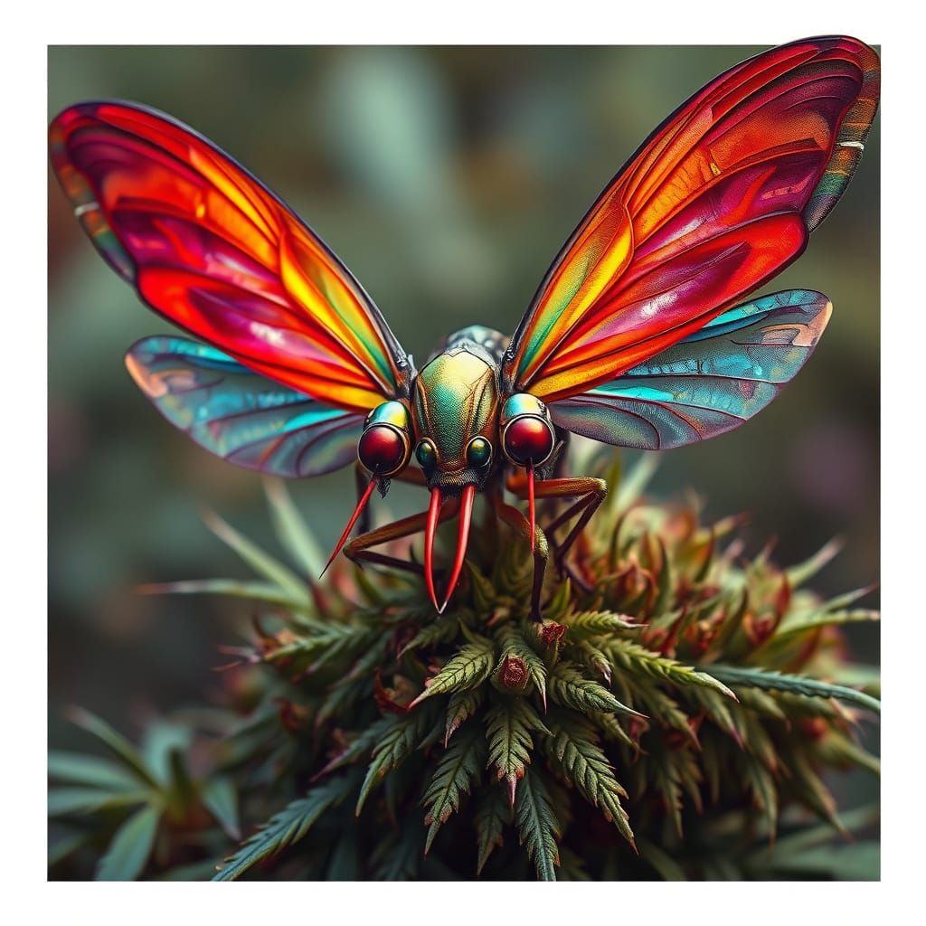 Surreal Two-Headed Insect on Hemp Bush