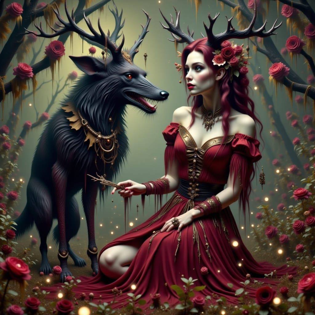 Red Haired Gypsy Fortune Teller with Wolves