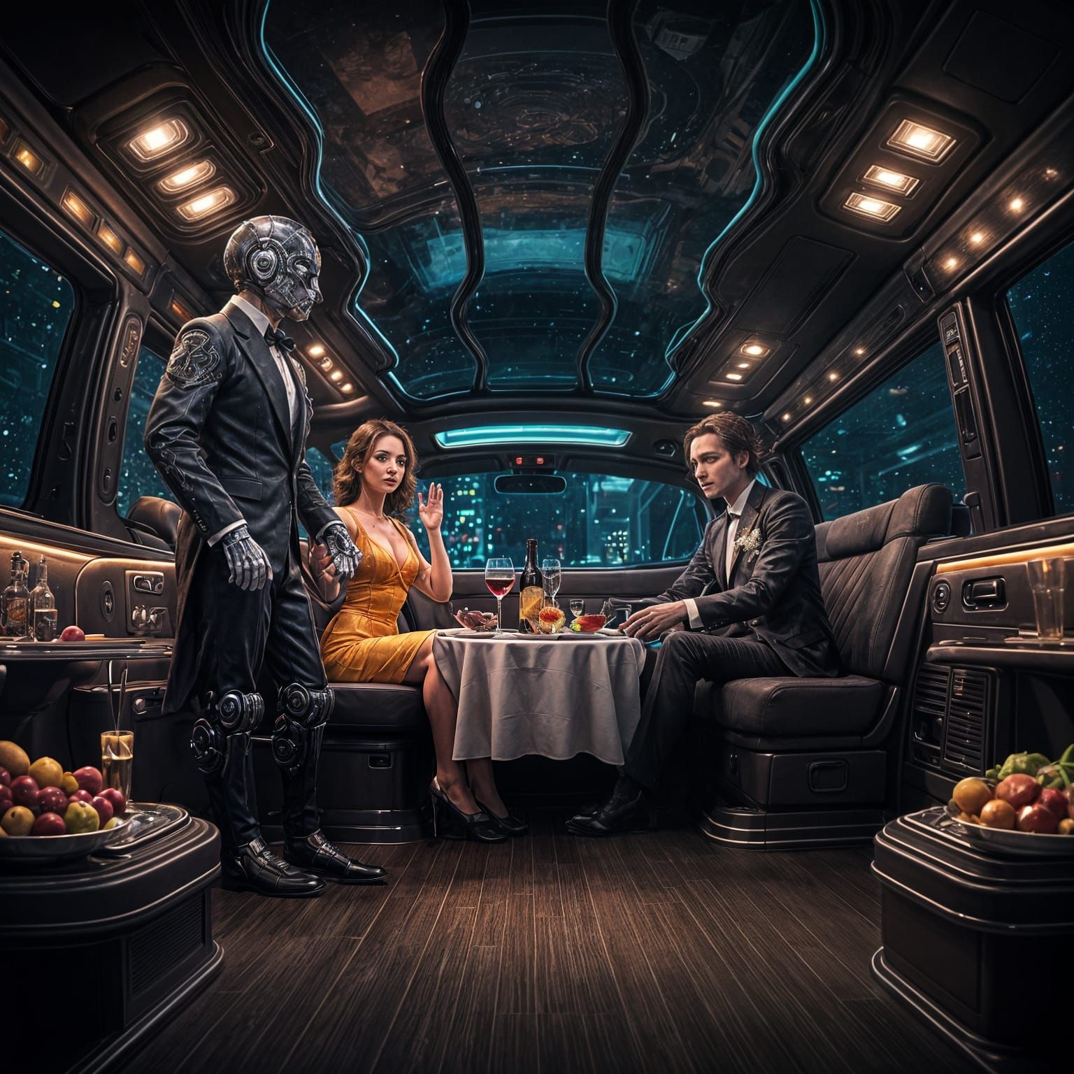 Luxurious Evening in a High-End Limousine in a Dramatic, Hyp...