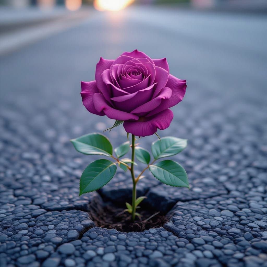 Purple Rose Grows Through Asphalt in Hyperrealistic Style