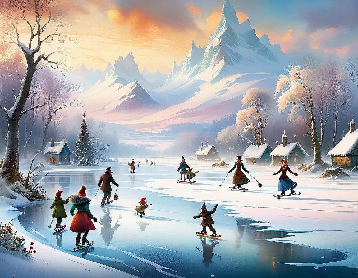 Family Skating on Frozen Lake: Watercolor Painting