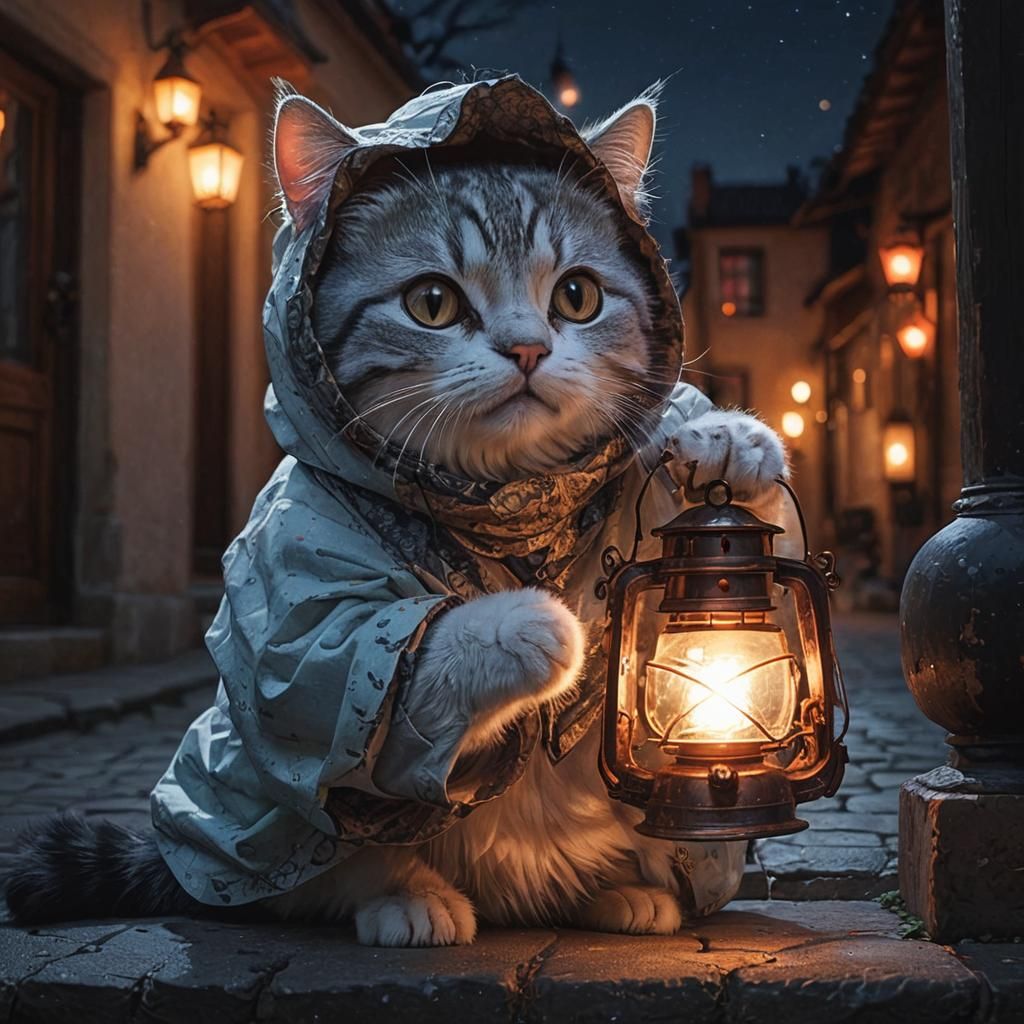 Cat holding lantern at night