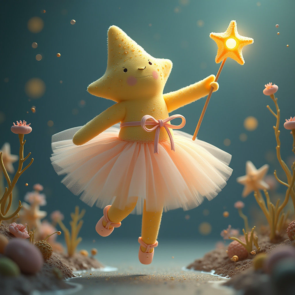 Starfish Ballerina with Fairy Wand, Dreamy Digital Art