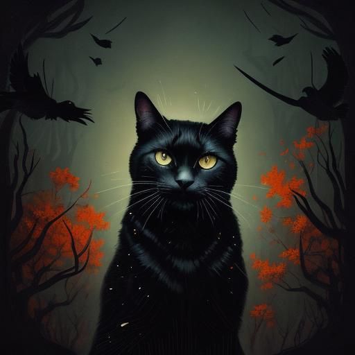 Eerie Black Cat in Autumn Wood: Mixed Media Art