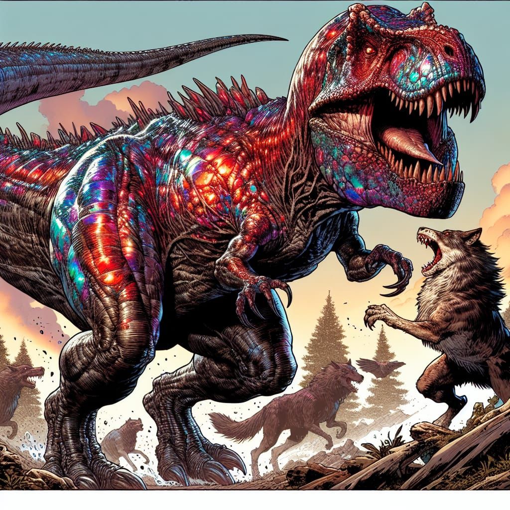 Opal-Skinned T-Rex Battles Werewolves: Comic Book Style