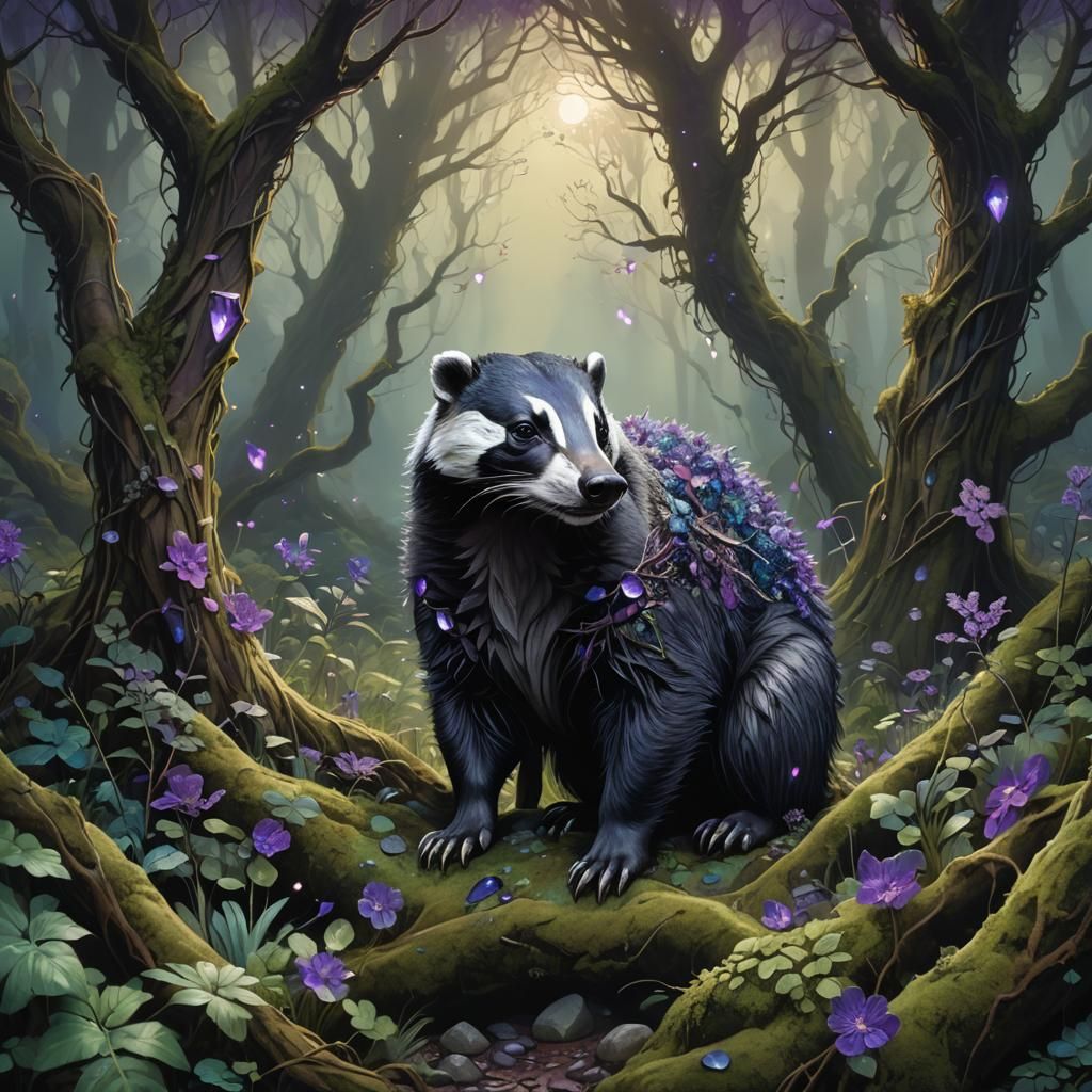 Giant Gemstone Badger in Mystical Forest