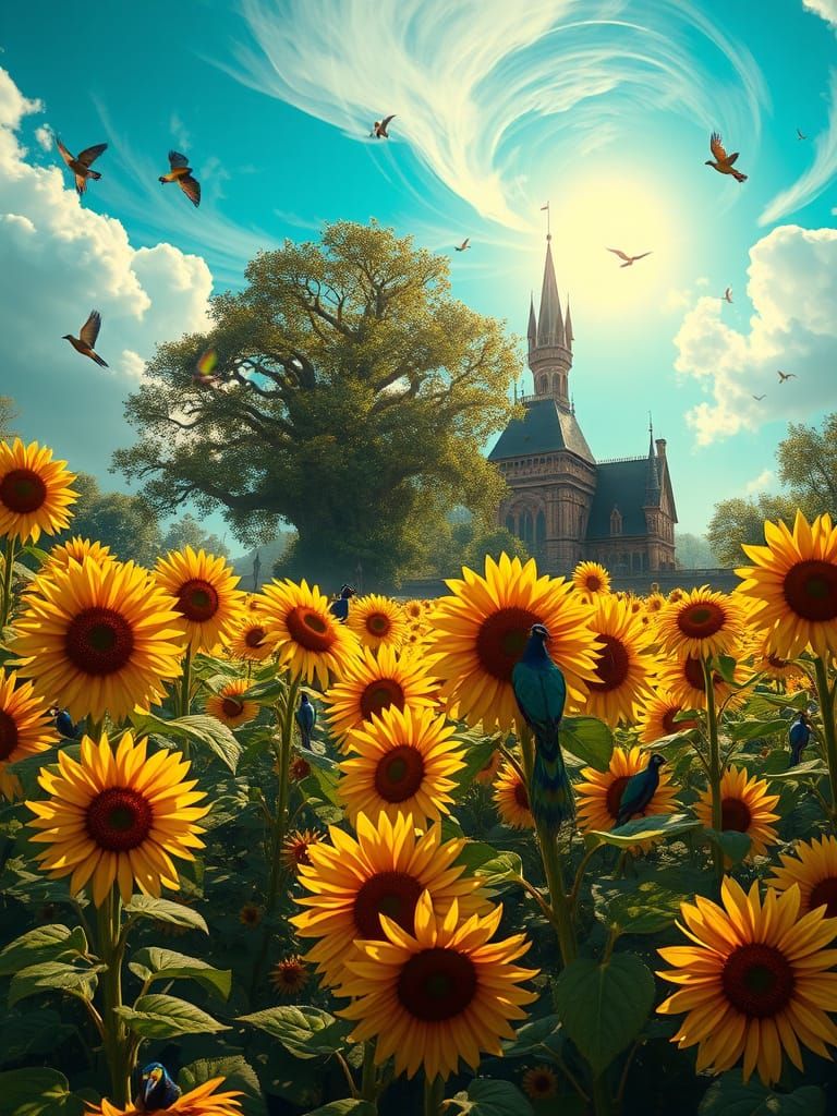 Surreal Sunflower Garden Scene in Earthy Fantasy Style
