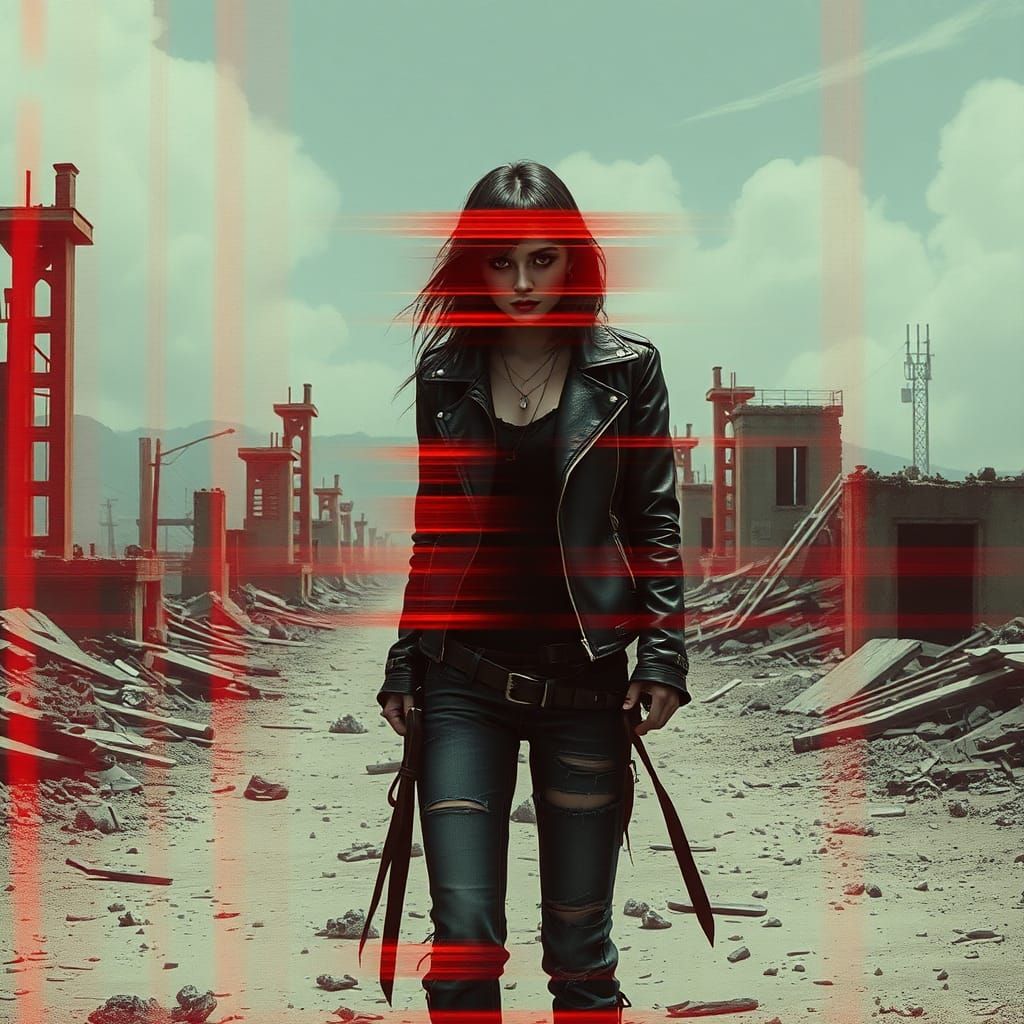 Post-Apocalyptic Woman with VHS Glitches, in Macabre Style