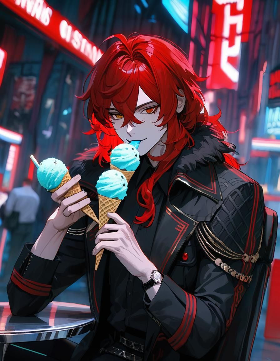 Cyberpunk Anime Character Enjoys Ice Cream