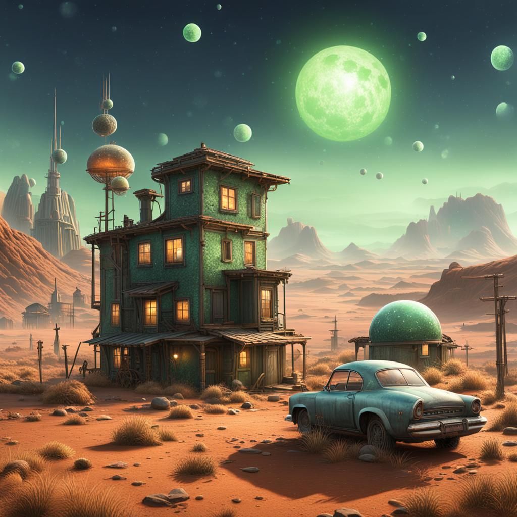 Dew drops covering a ghost town on an alien planet
