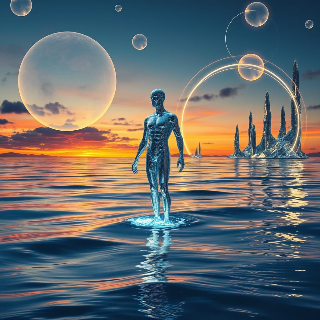 Mercury Humanoid Ascends Amidst Shimmering Oceanic Twilight