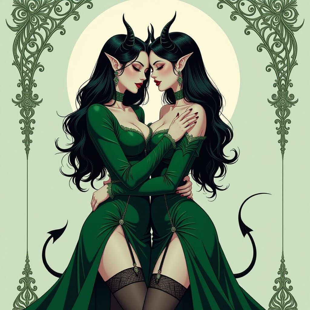 Two Demon Ladies Embrace in Dark Surrealist Style