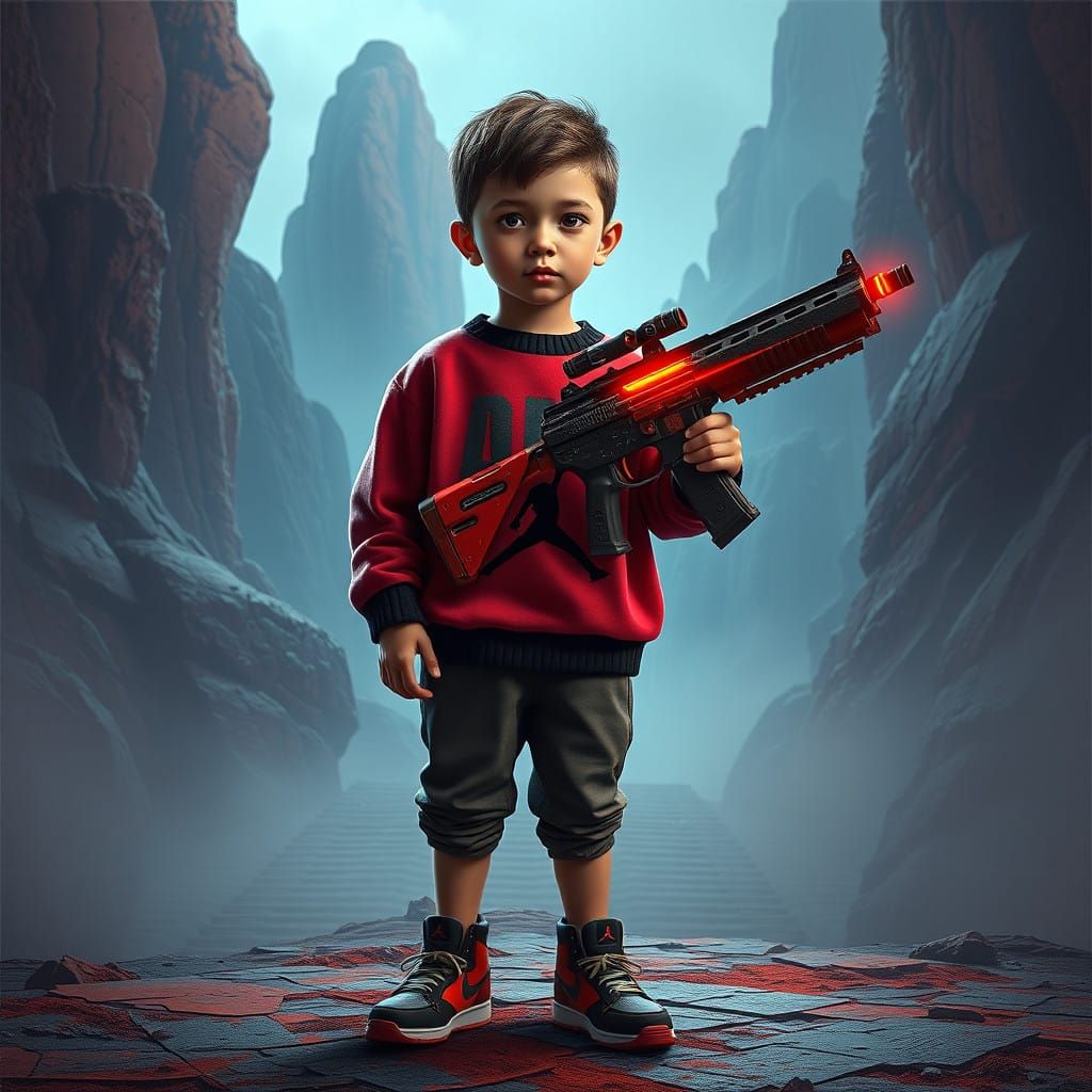 Fantasy Boy with Glowing Gun, Jordan and Adidas in a Detaile...