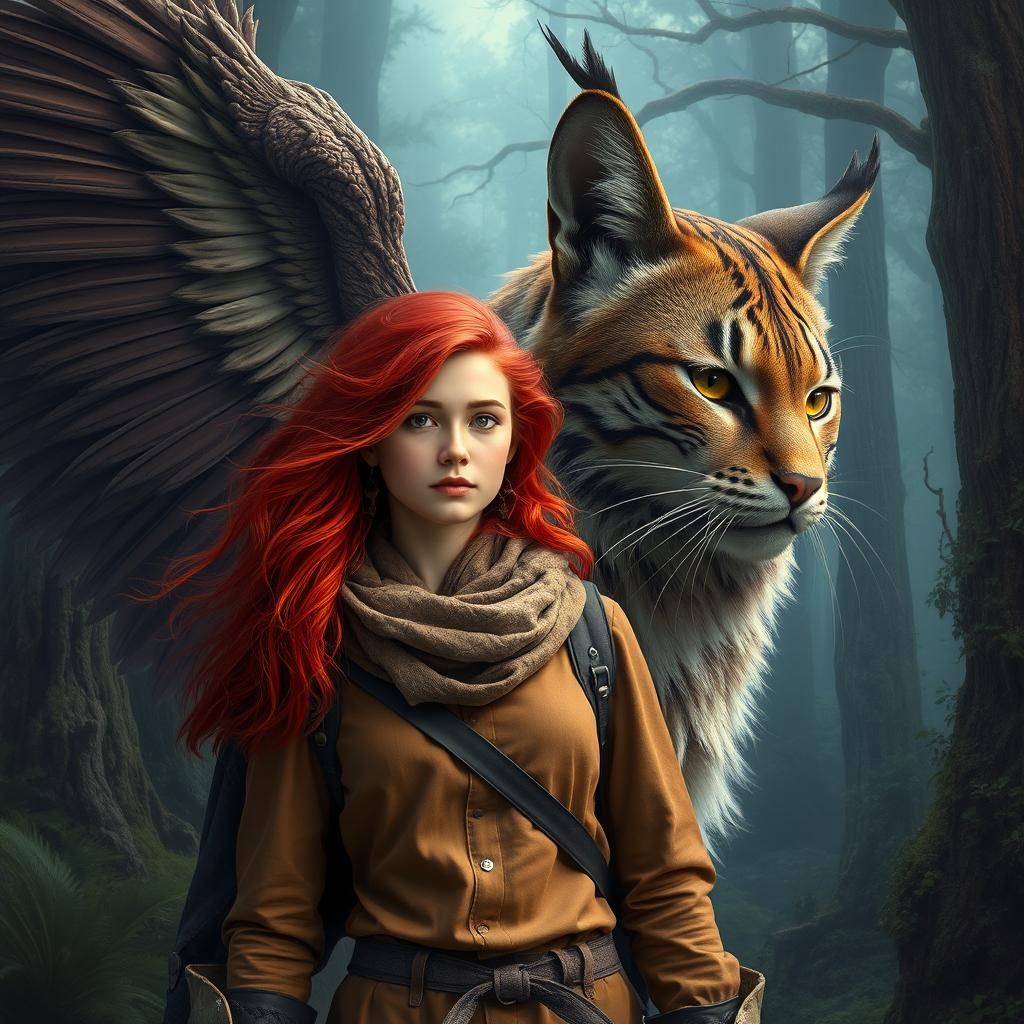 Fantasy Woman and Winged Cat in Mystical Forest