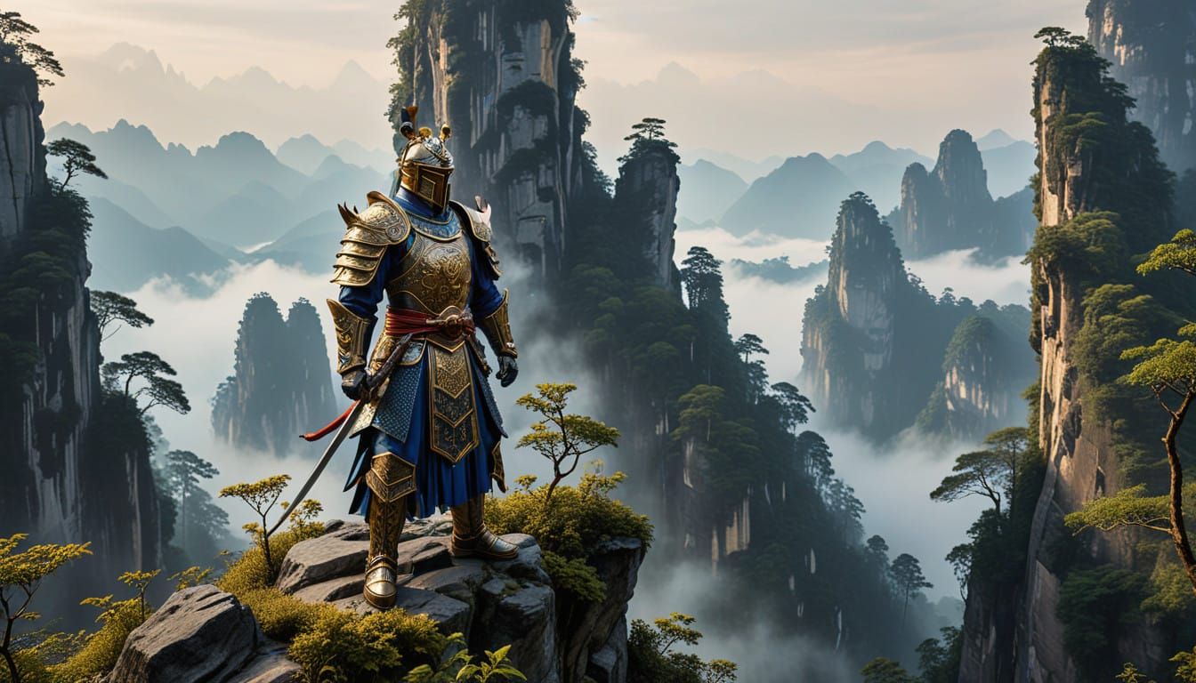 Warrior on a mountain in Zhangjiajie forest, Hunan, China.