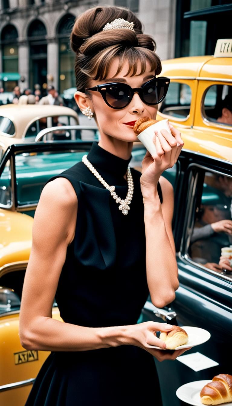 1961 "Breakfast at Tiffany's," Audrey Hepburn in a black sunglasses & black dress and a bun gets out of a taxi and portr...