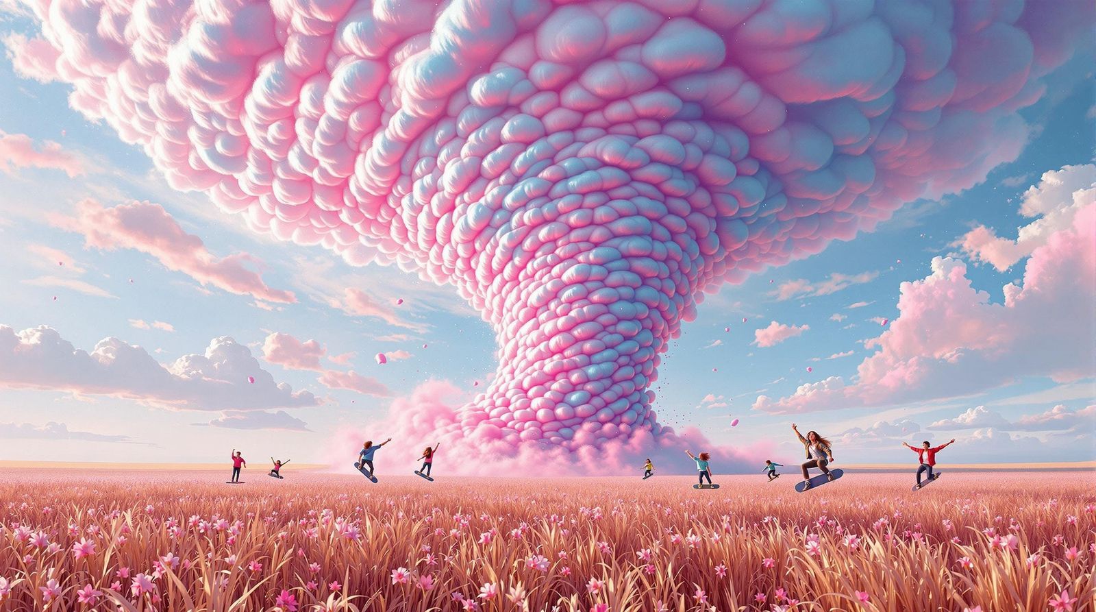 Whimsical 80s Teens Ride Skateboards into a Cotton Candy Tor...