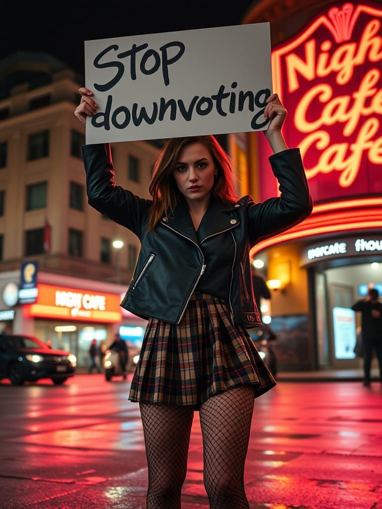 Rebel Woman in Protest, Amidst Neon-Lit NightCafe
