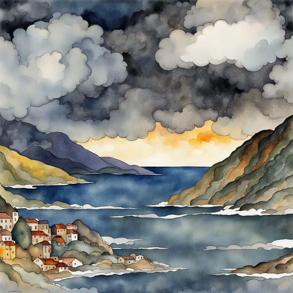 Dramatic Clouds in Klimt-Inspired Watercolor Style