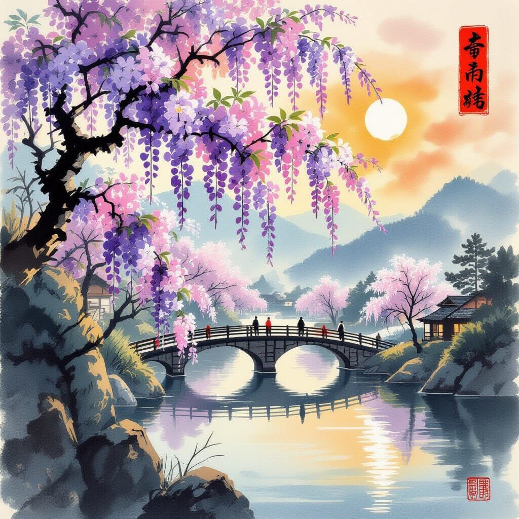 Yamato-e Style Spring Sun and Wisteria Blossoms