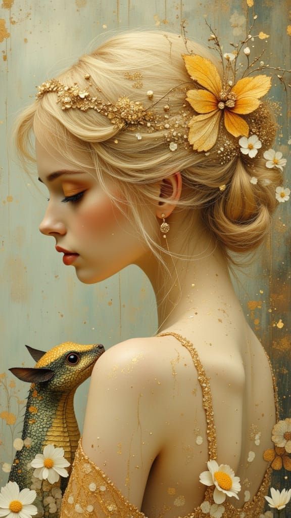 Surreal 1920s Flapper Woman and Baby Dragon in Delicate Past...