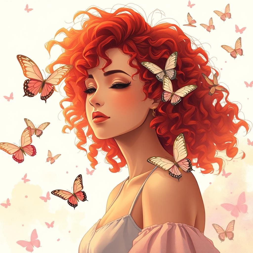 Anime-Style Woman with Butterflies and Red Hair