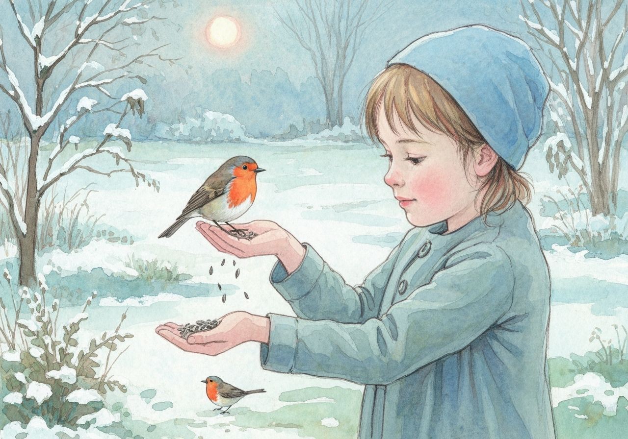 Girl Offers Bird Seed in Frosty Garden Watercolor