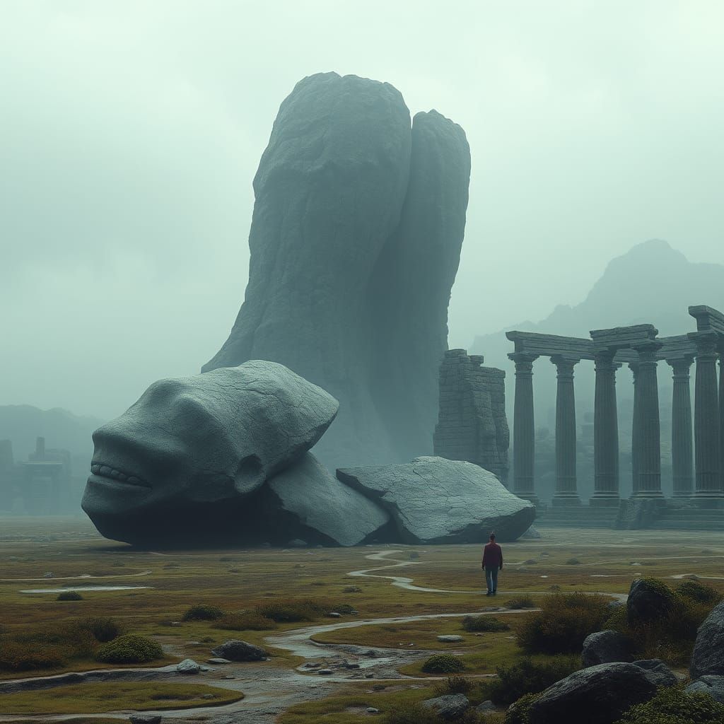 Colossal Stone Giant in Dystopian Landscape