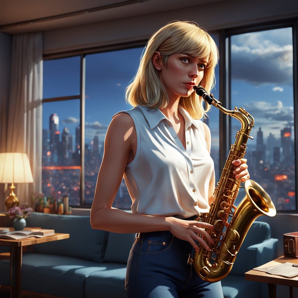 Woman in Passionate Saxophone Performance with Vibrant Thoug...