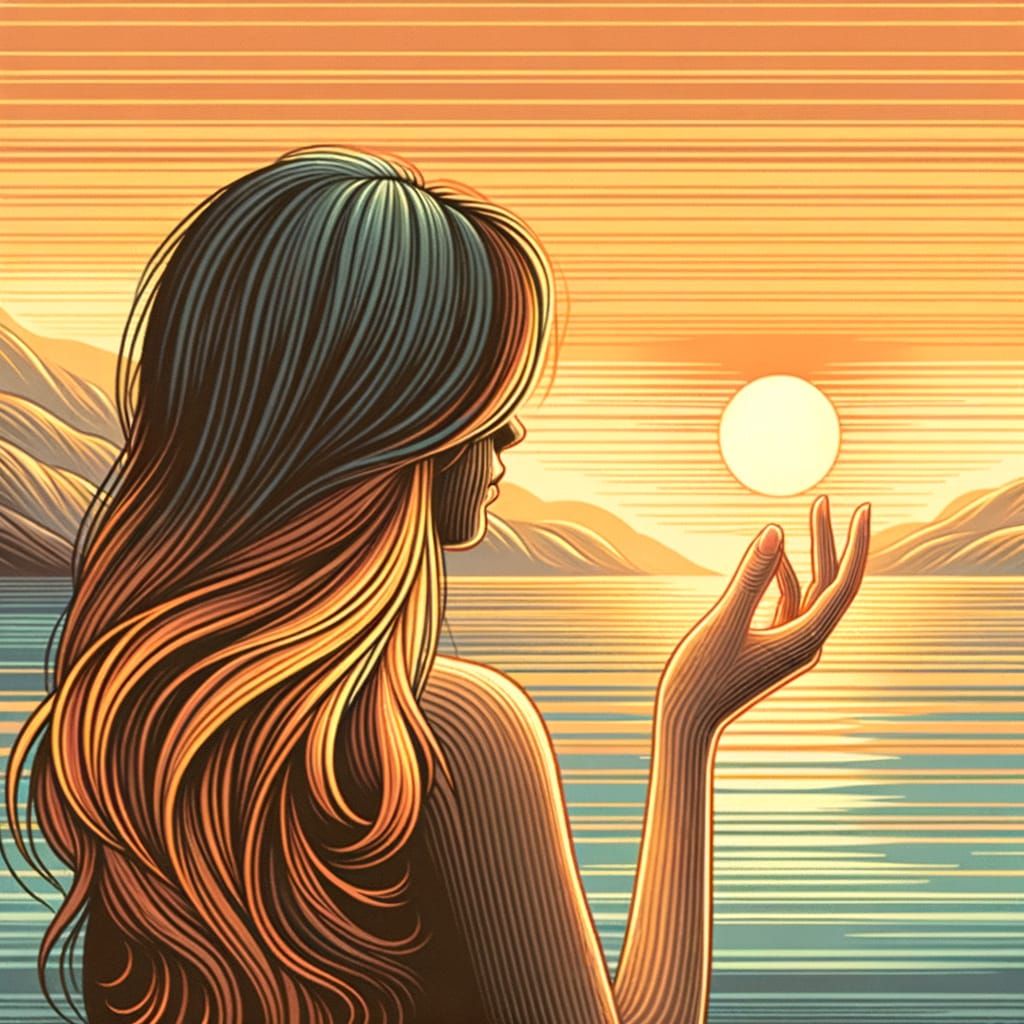 Woman Holds Setting Sun Over Ocean Horizon in Warm Tones
