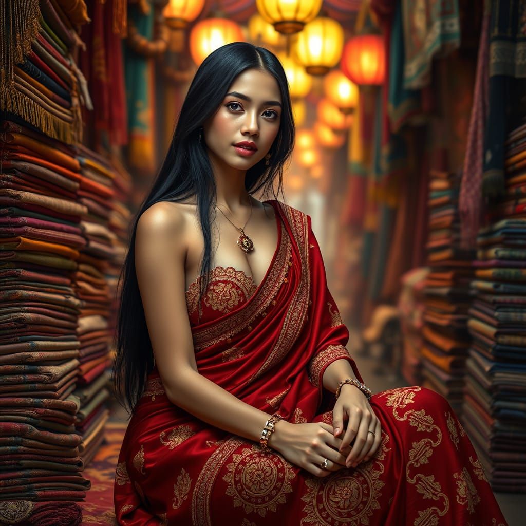 Indonesian Woman in Sari at Textile Market