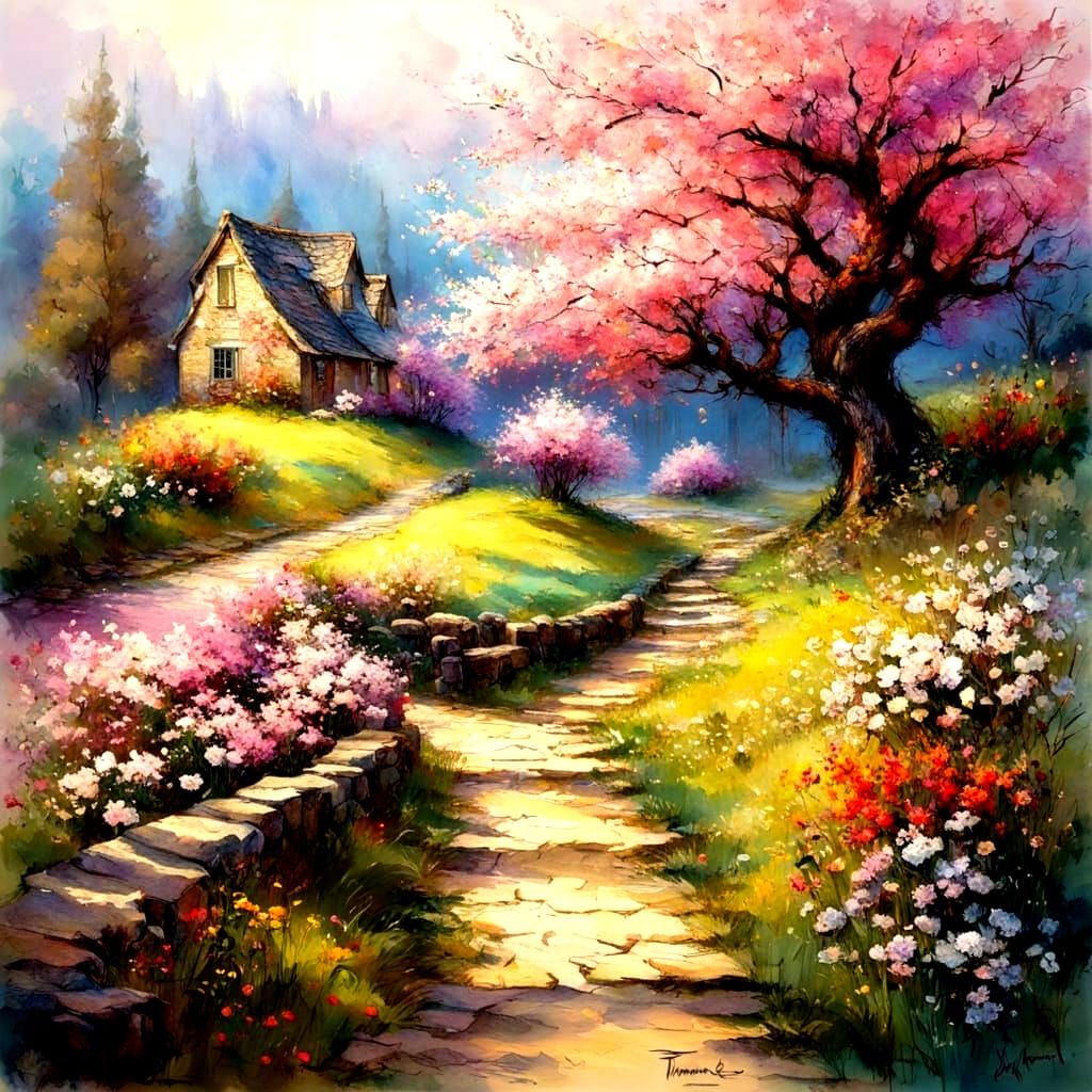 Surreal Cherry Blossom Landscape in Vibrant Colors