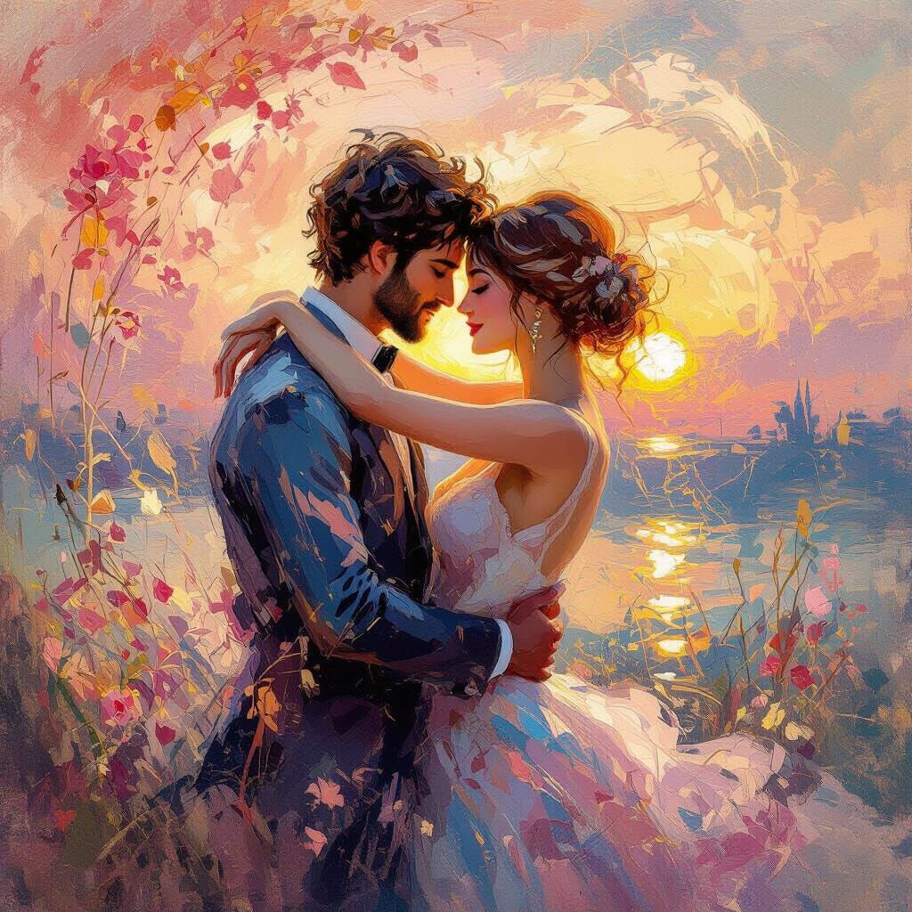 Radiant Impressionist Love Embraces in Swirling Hues