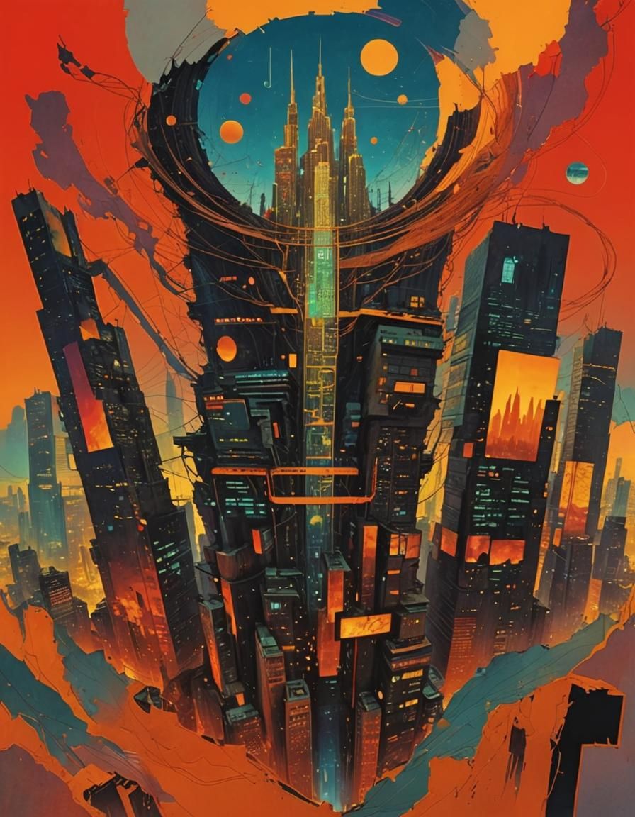 Cyberpunk Metropolis Ruins with Circuitry Landscape