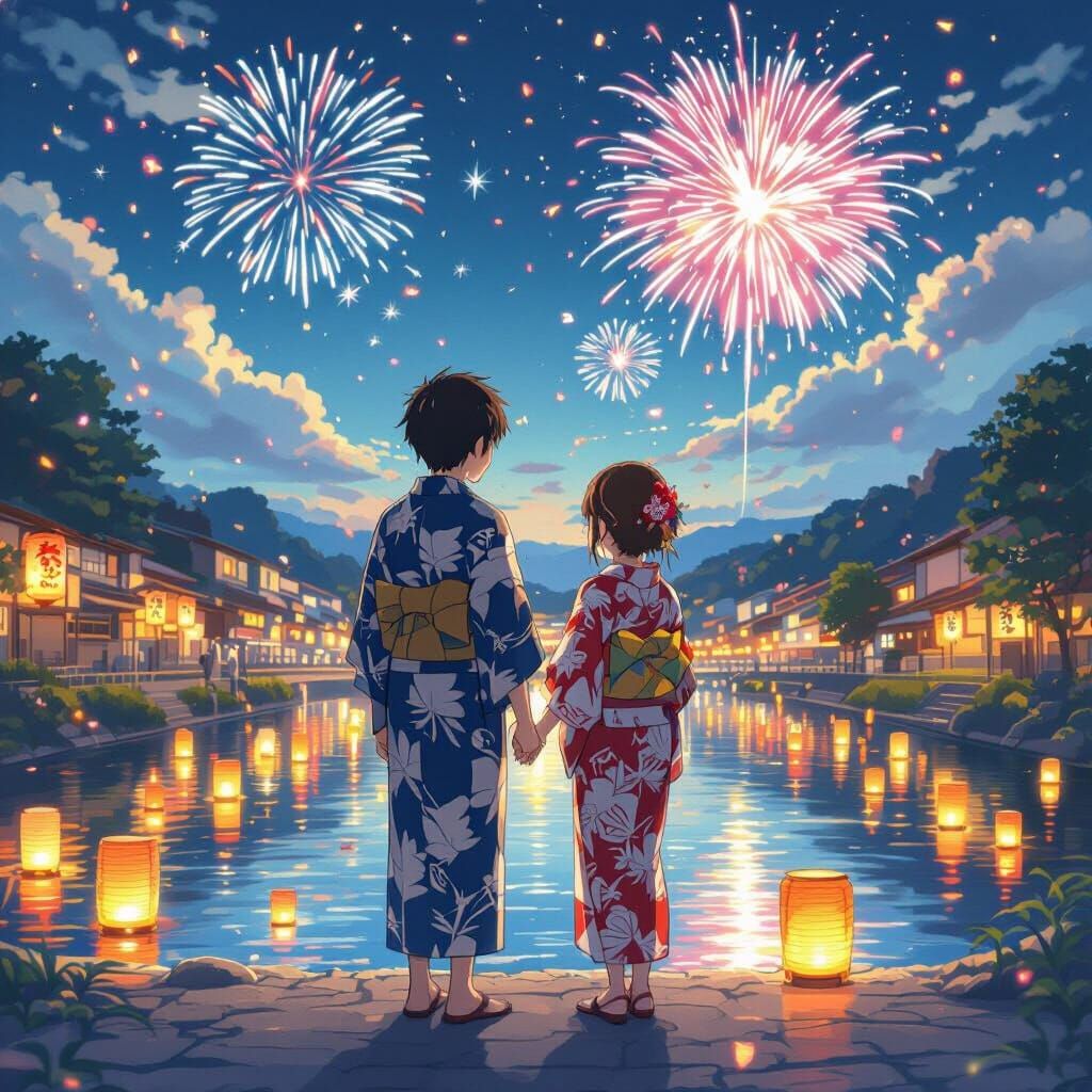 Romantic Anime Night Festival with Lanterns and Fireworks
