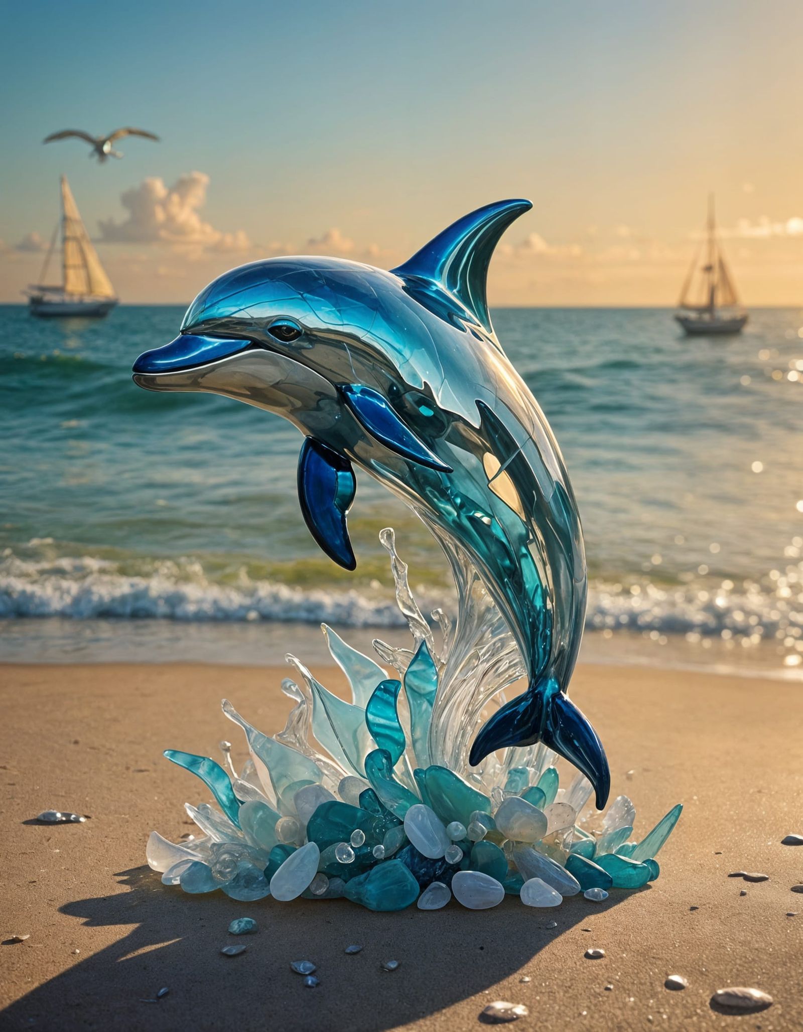 Sea Glass Dolphin Sculpture on Beach at Golden Hour