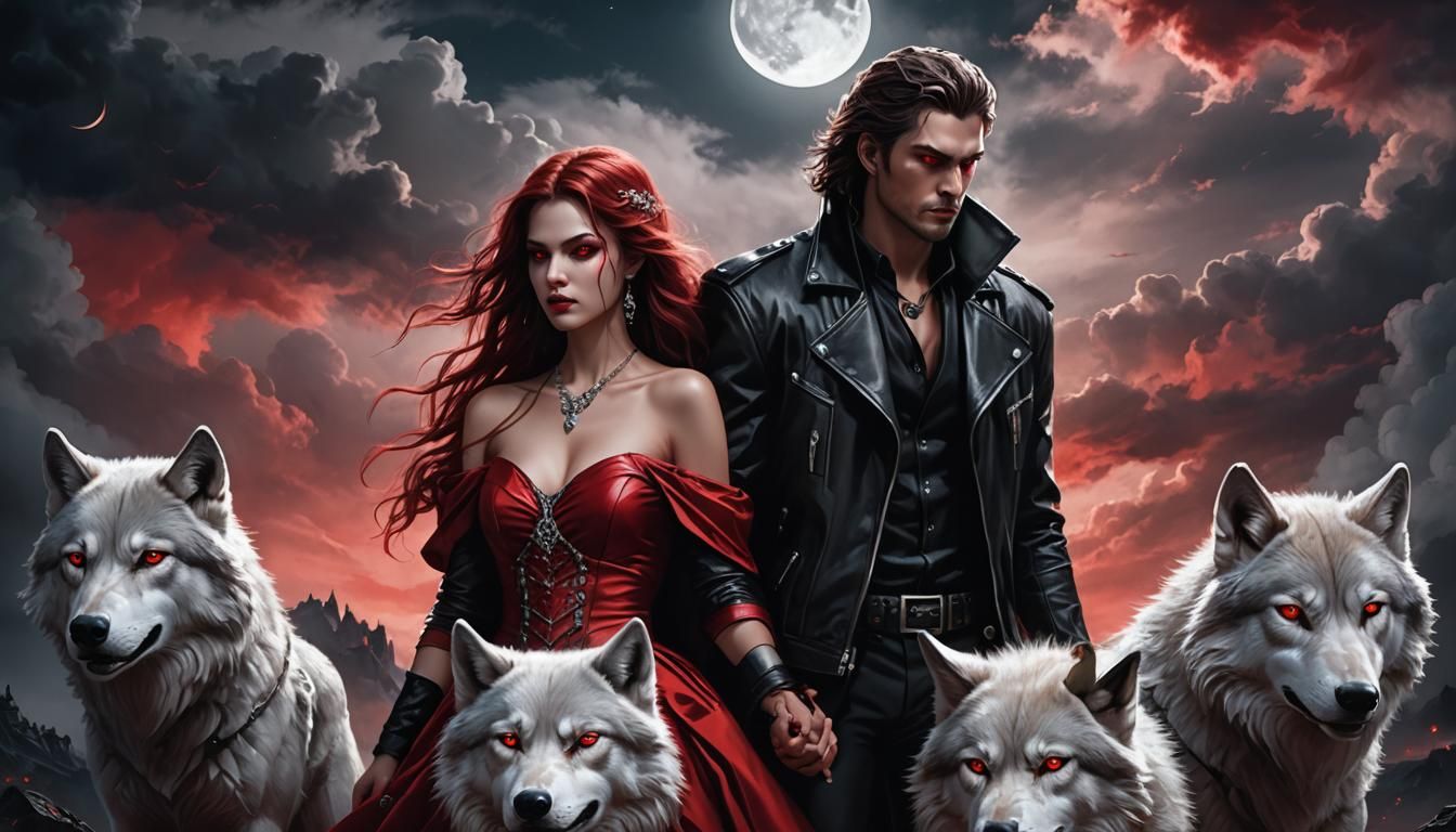 Wolves Guarding Woman and Man in Dark Fantasy Style