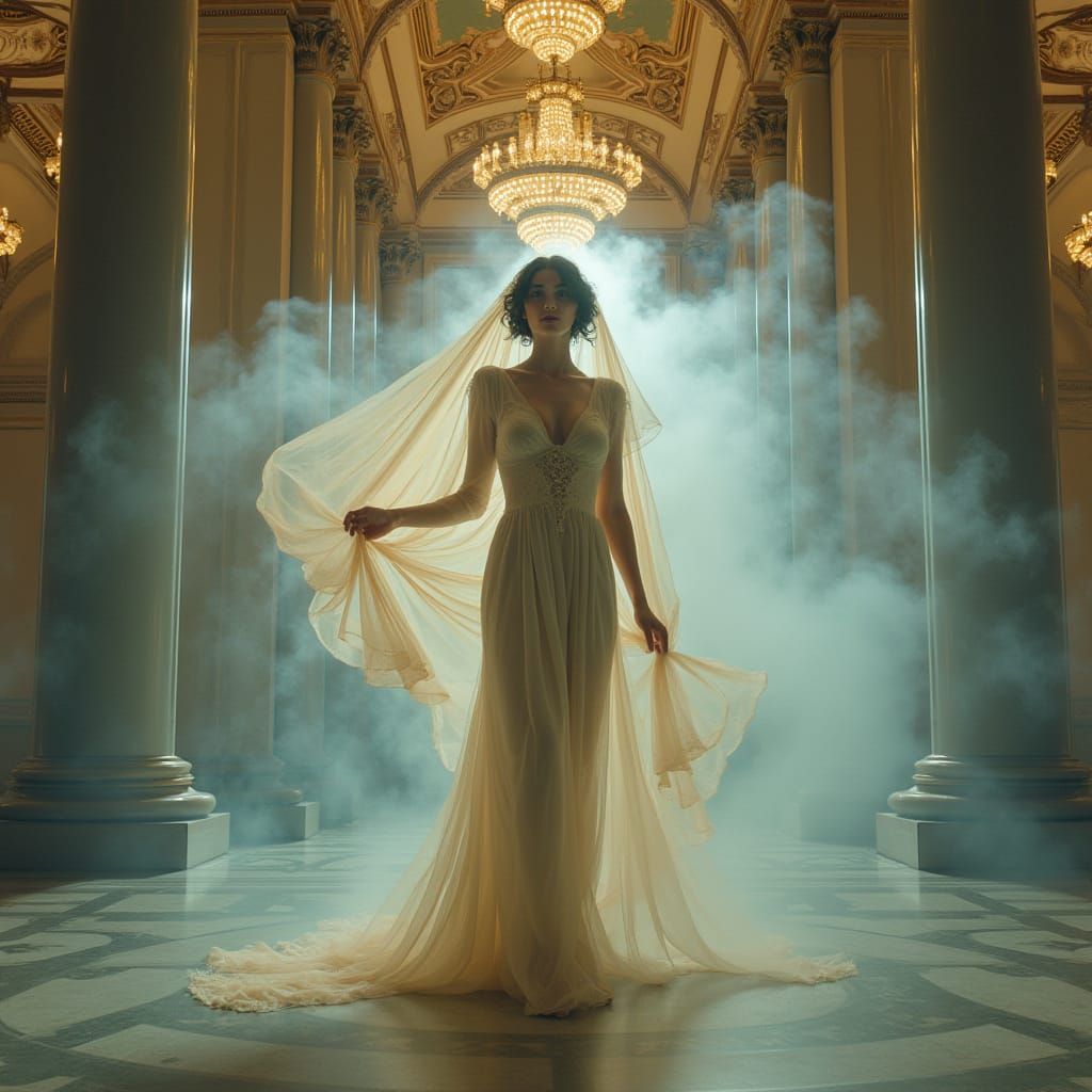 Ethereal Courtesan in Opulent Hall with Iridescent Smoke
