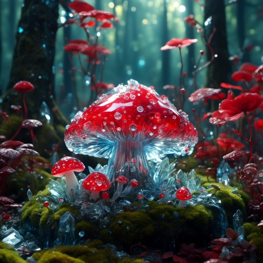 Red Mushroom in Forest: Crystal Bejeweled 3D Art