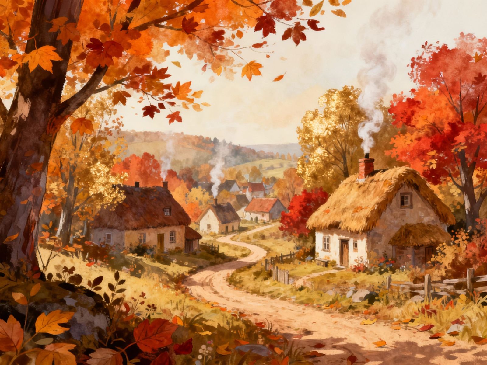 Peaceful Autumn Village with Vibrant Fall Foliage