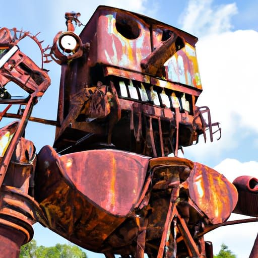 Gigantic Rusty Robot Monster with Skeleton Face