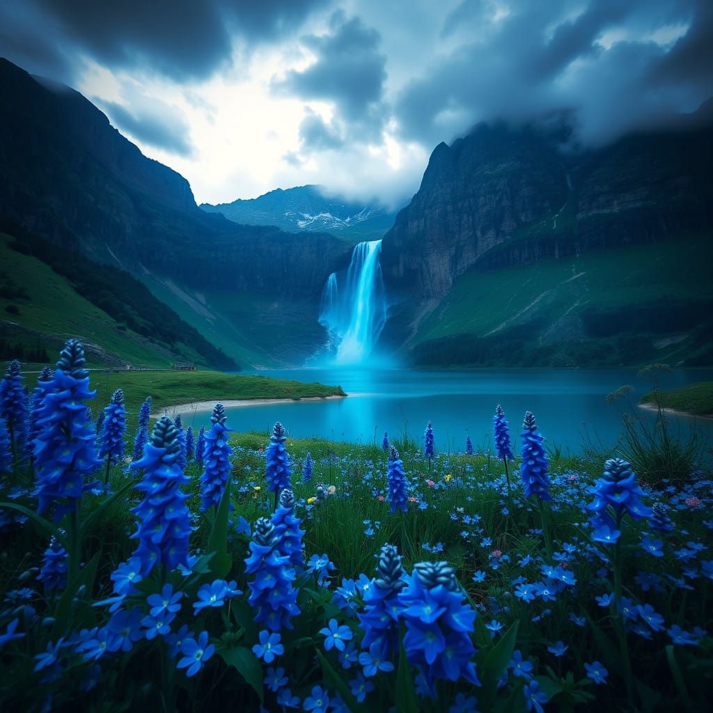 Blue Bloom Majesty with Mountain Waterfall