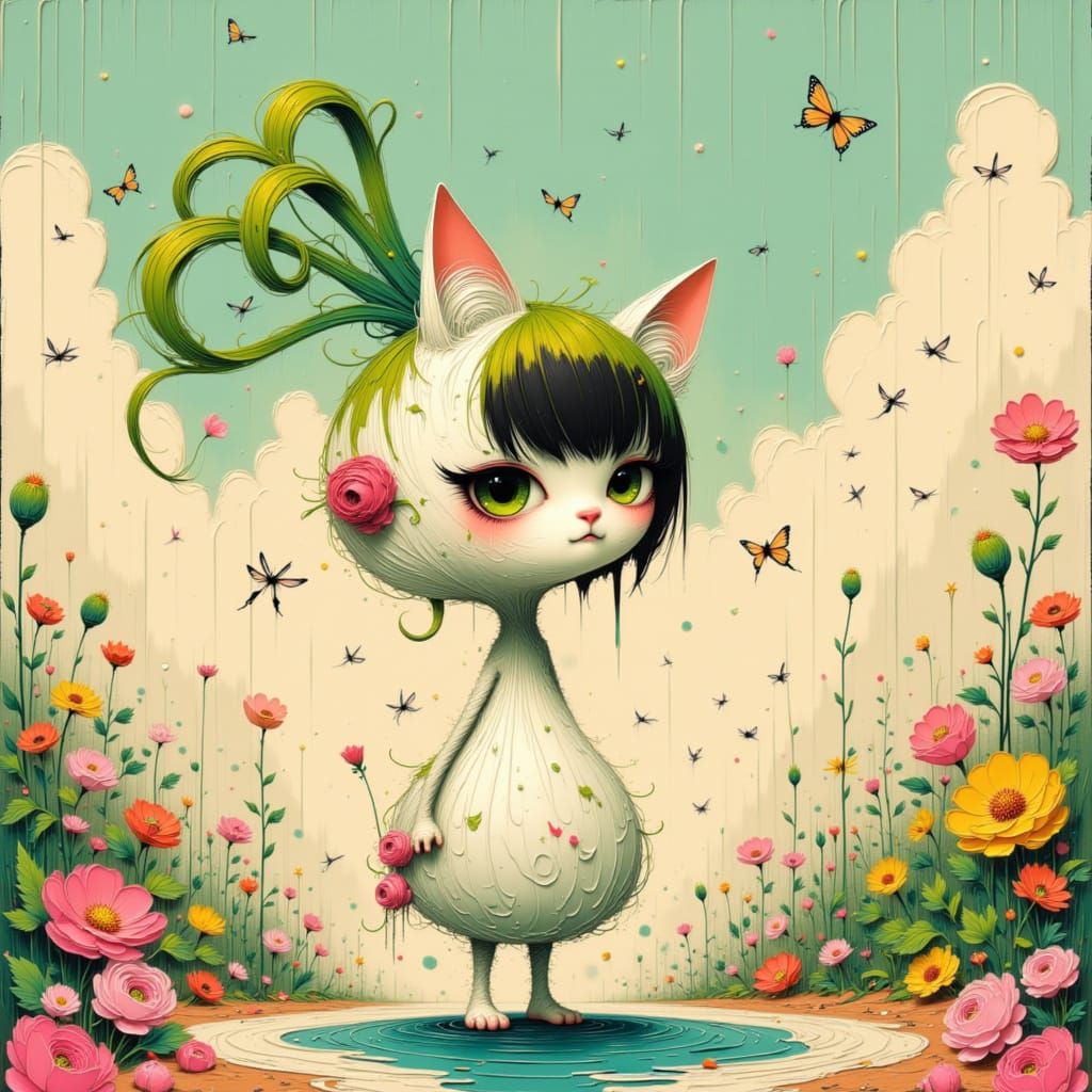 Chibi Cat Creature with Spring Onion Body in Floral Japanese...