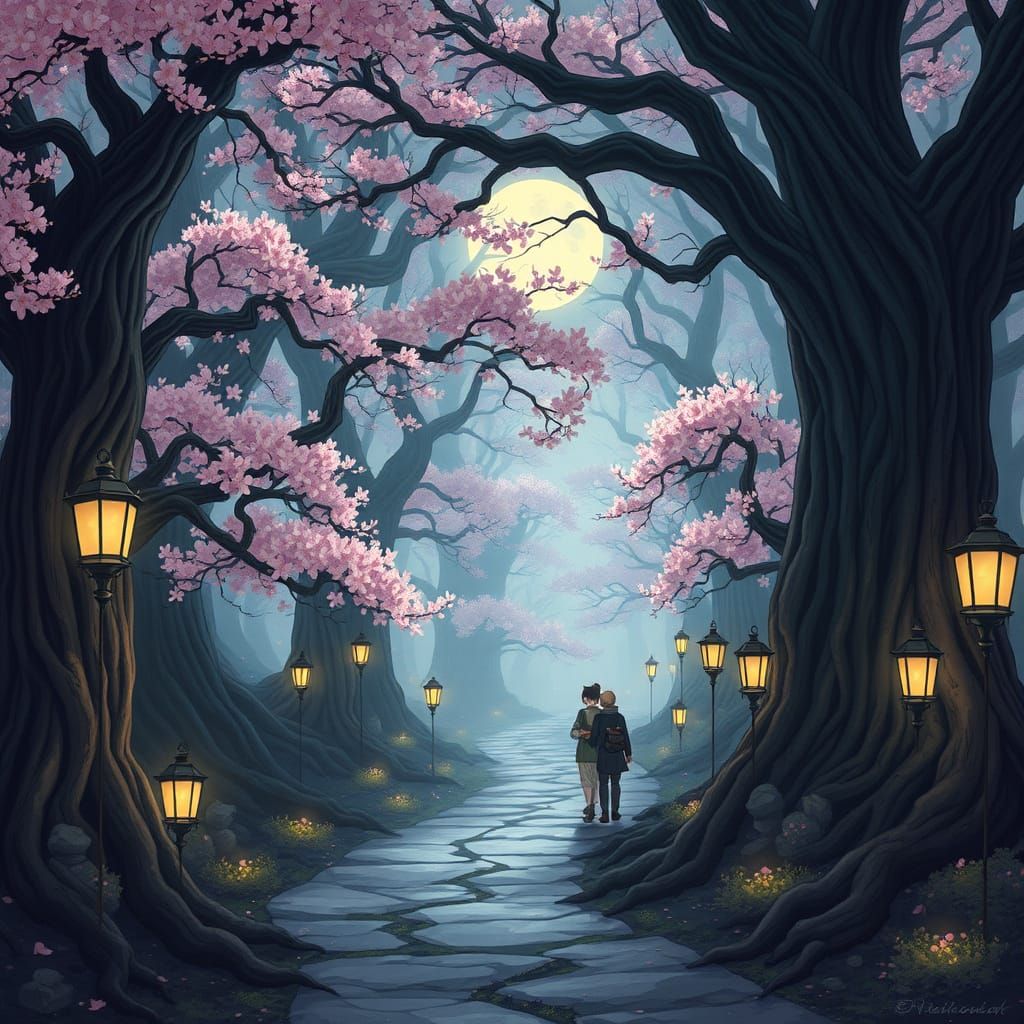 Surreal Anime-Inspired Romance in Moonlit Forest