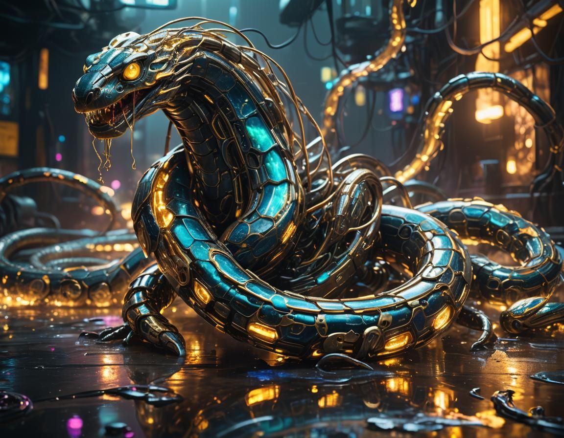 Cyberpunk Snake Robot Emerges from Iridescent Liquid
