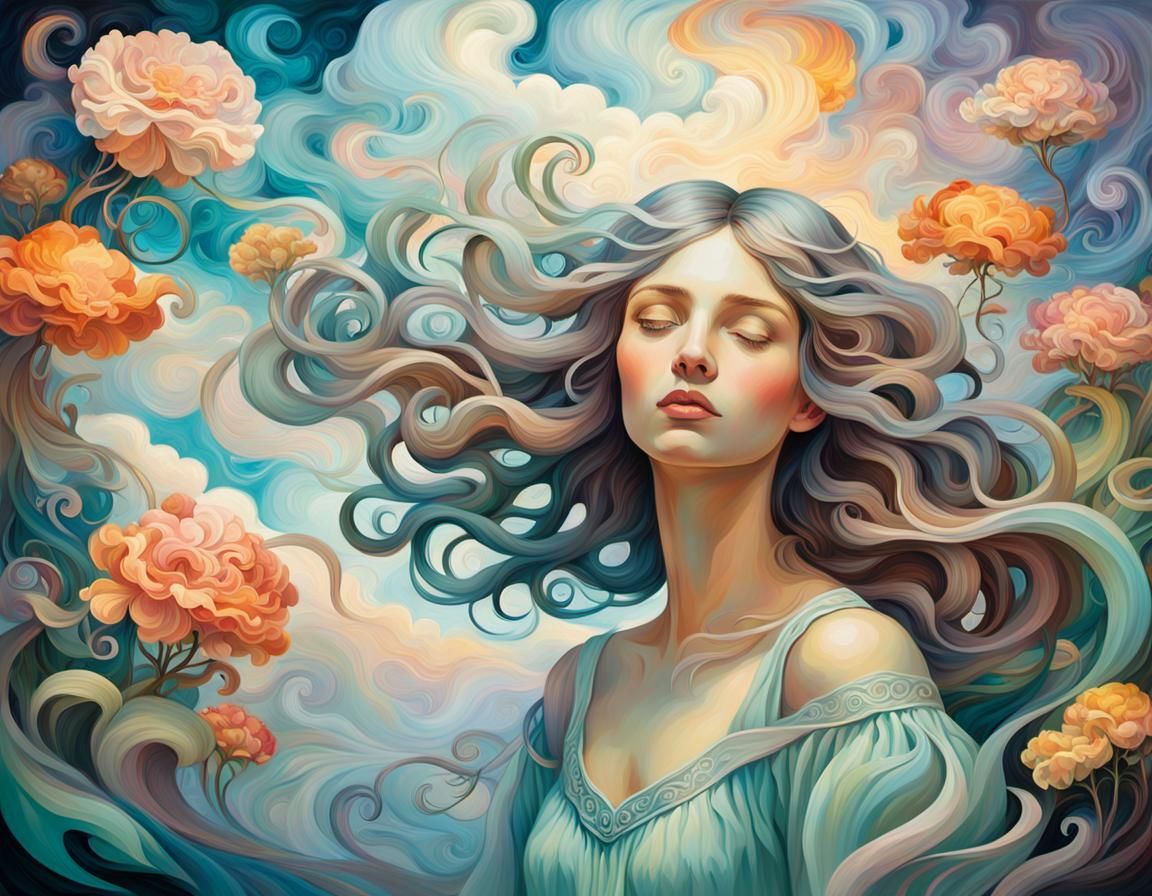 Ethereal Woman in Surreal Garden: Oil Painting