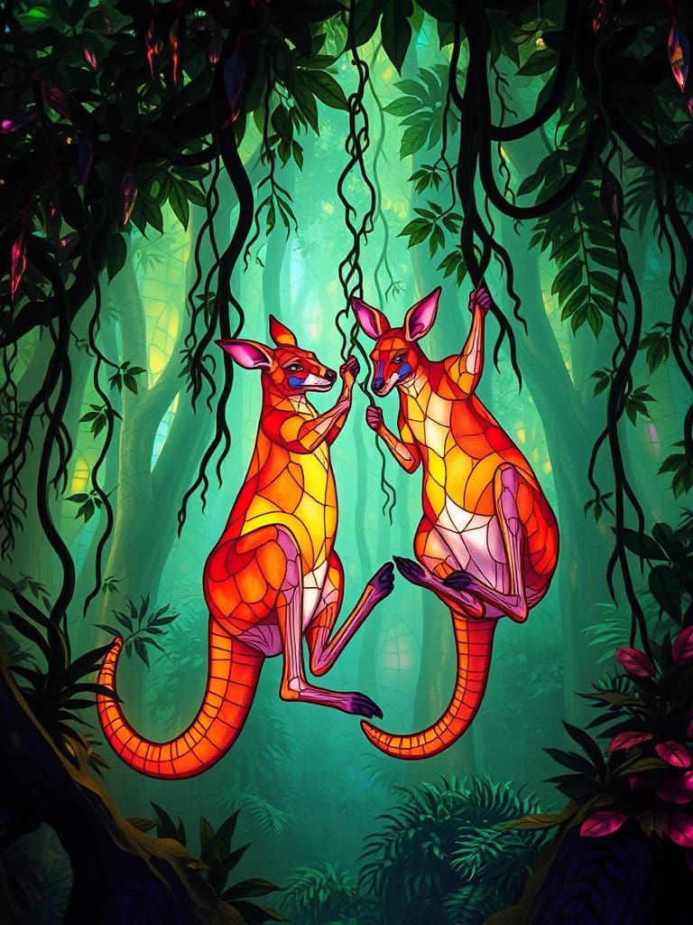Kangaroos in Bioluminescent Rainforest Stained Glass